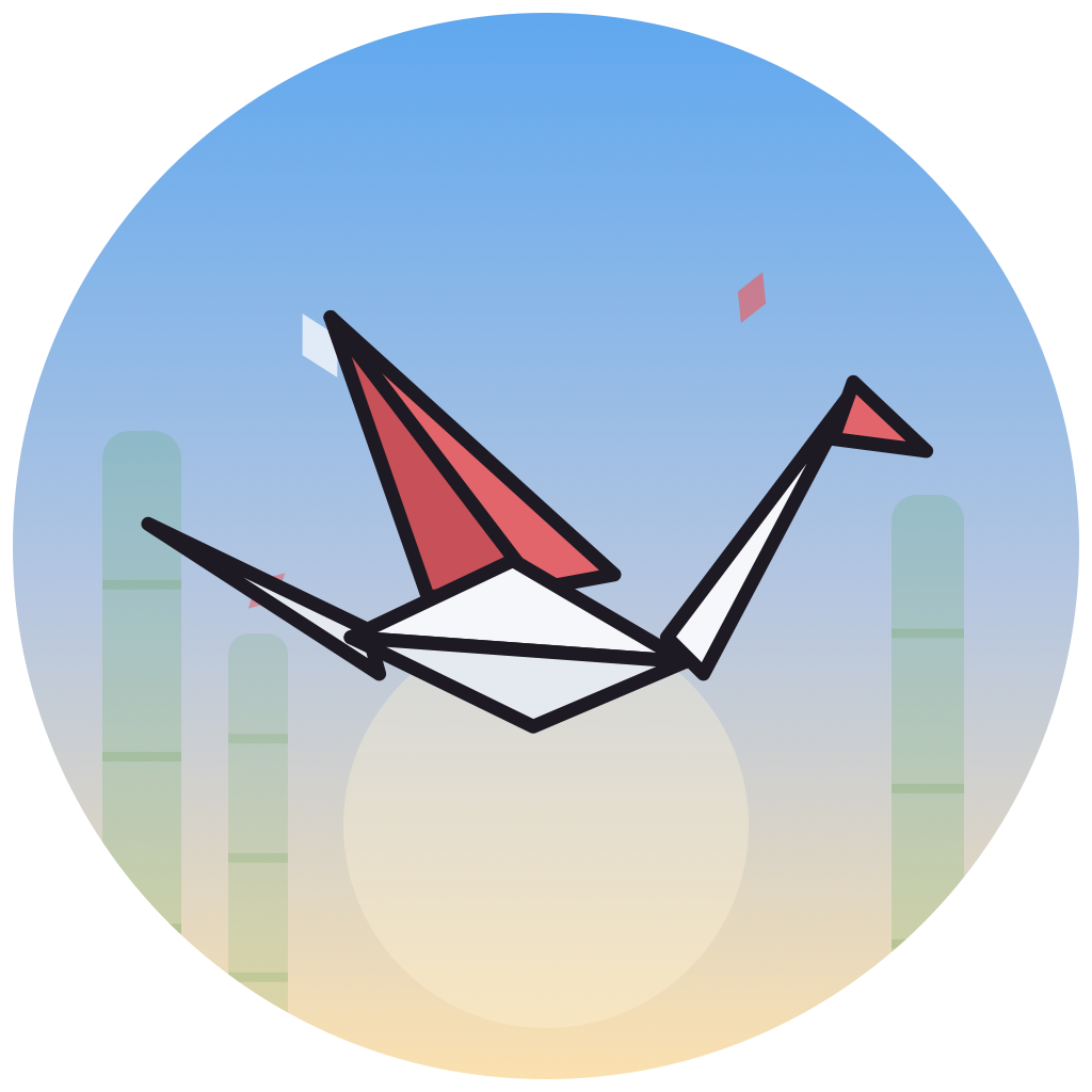 Foldwing app icon — an origami crane over a bamboo grove